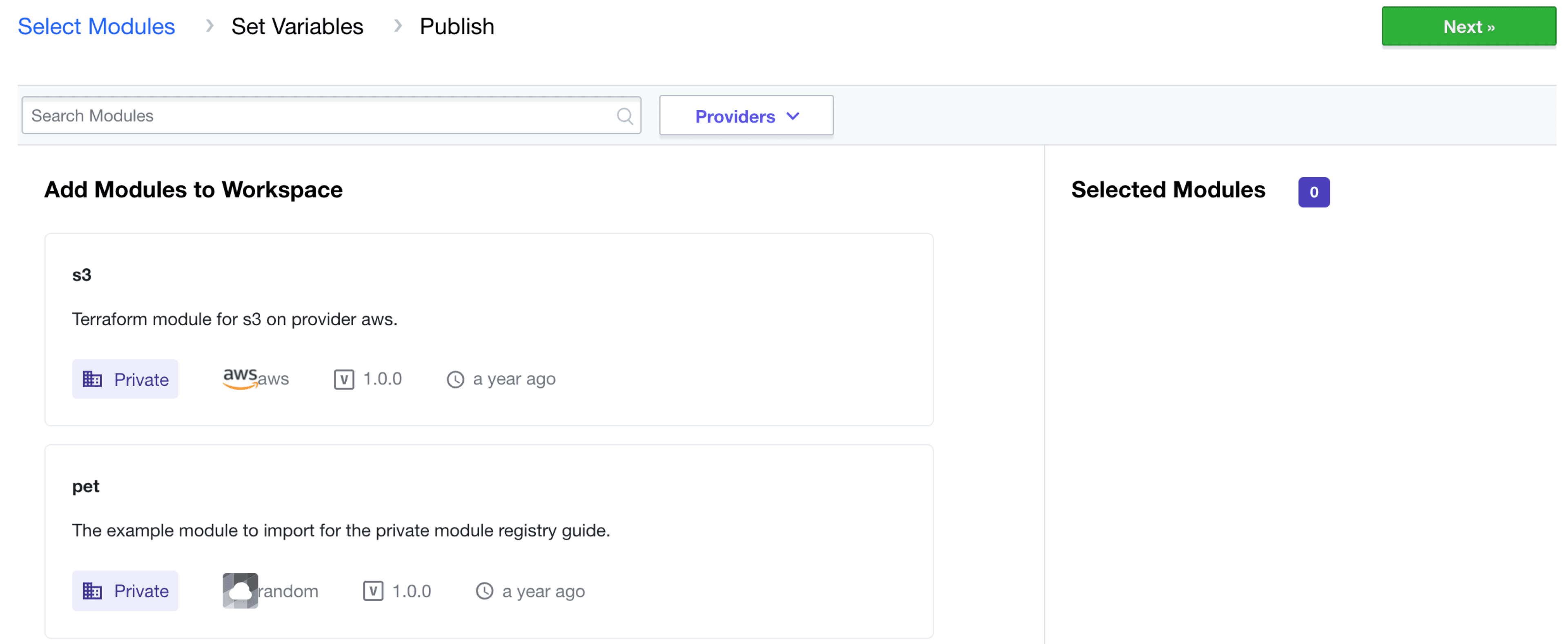 Terraform Cloud screenshot: the select modules page
